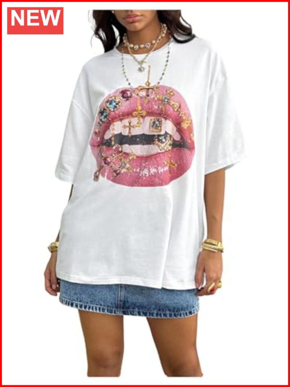 Y2K Oversized Lip Graphic Tee Short Sleeve Crew Neck Polyester Blend Women's